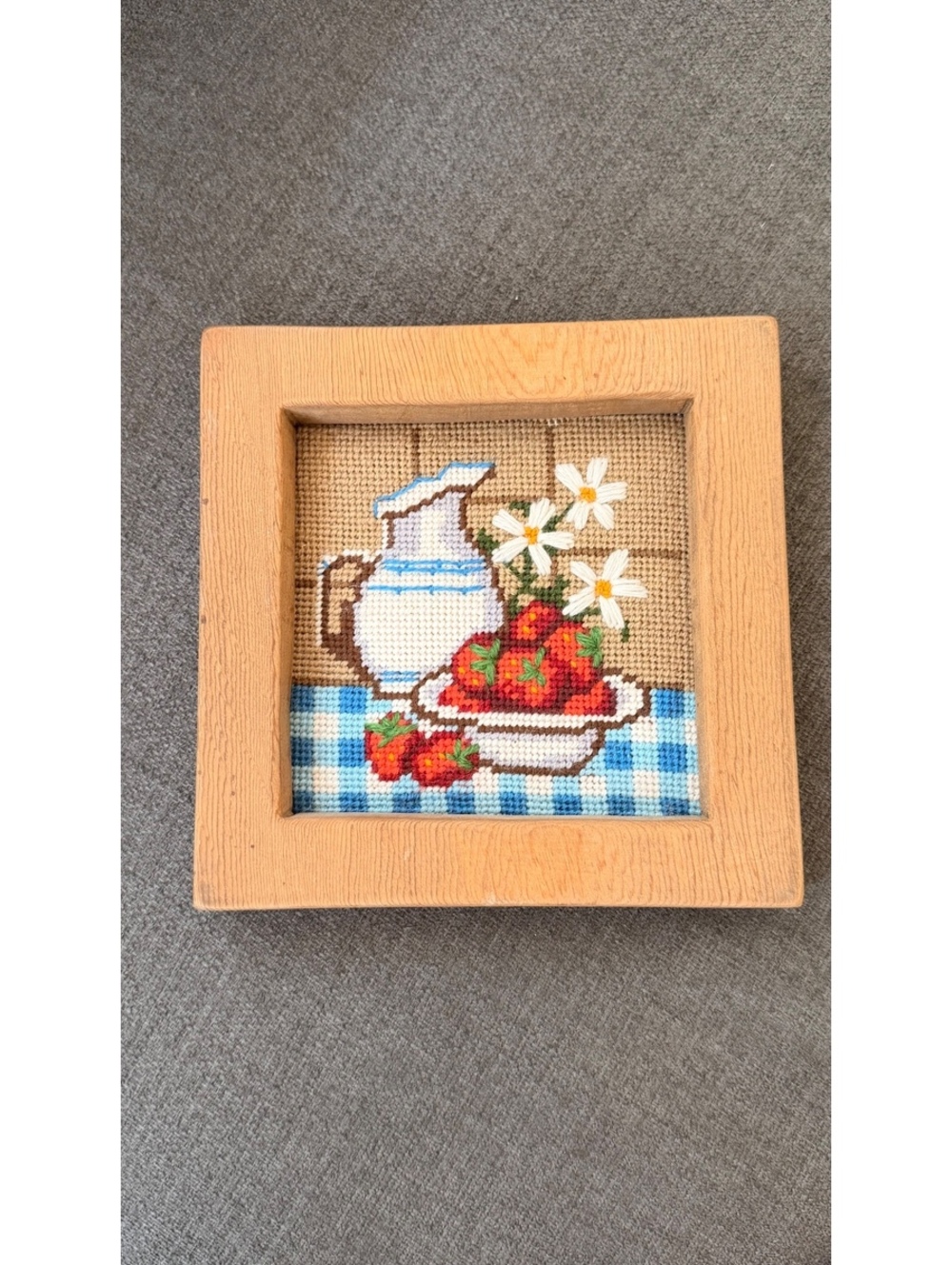 Handmade Cross Stitch Art with Strawberries and Pitcher in Wooden Frame